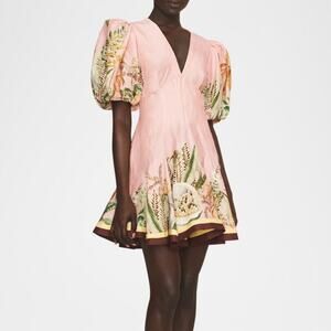 ALÉMAIS (8) Papaya Pink Tropical Floral Puff Sleeve V Neck Fit Flare Mini Dress